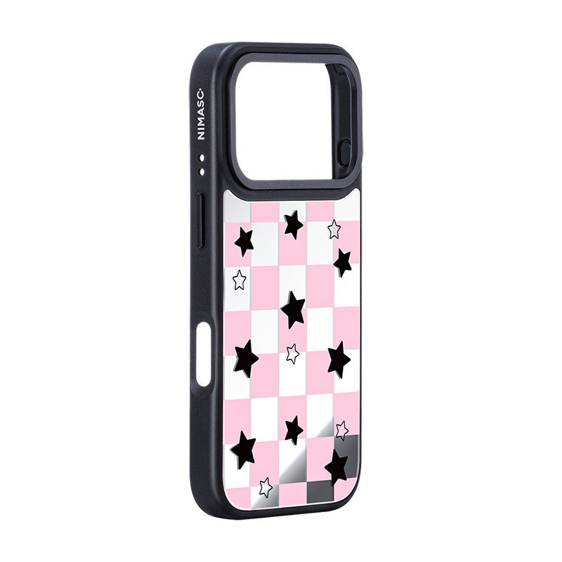 NIMASO iPhone 17/Pro/Pro Max用 ケース MagSafe対応 可愛い ミラー おしゃれ 耐衝撃 ワイヤレス充電対応(ファンシーシリーズ)チェッカー柄 ピンク