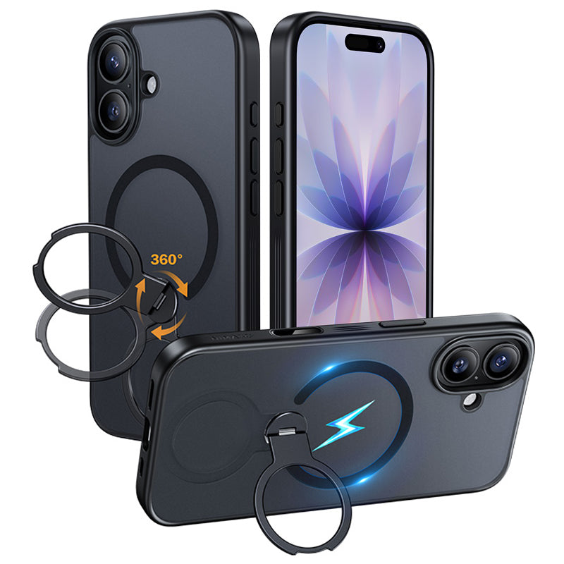 NIMASO iPhone 17/Pro/Pro Max/Air用 360°回転スタンドケース MagSafe対応 半透明 耐衝撃 スマホケース(黒羽シリーズ)