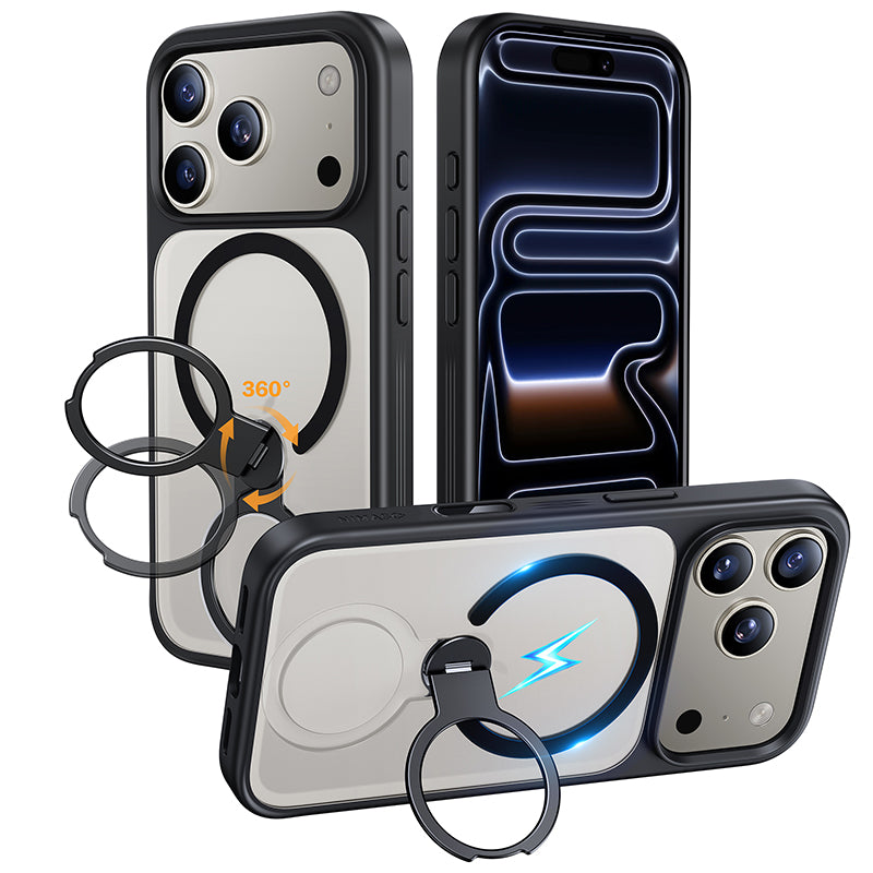 NIMASO iPhone 17/Pro/Pro Max/Air用 360°回転スタンドケース MagSafe対応 半透明 耐衝撃 スマホケース(黒羽シリーズ)