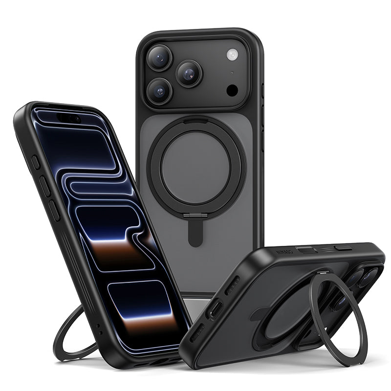 NIMASO iPhone 17/Pro/Pro Max/Air用 360°回転スタンドケース MagSafe対応 マット 防指紋 耐衝撃 (黒羽シリーズ)