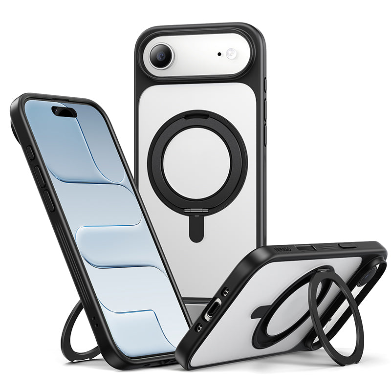 NIMASO iPhone 17/Pro/Pro Max/Air用 360°回転スタンドケース MagSafe対応 マット 防指紋 耐衝撃 (黒羽シリーズ)