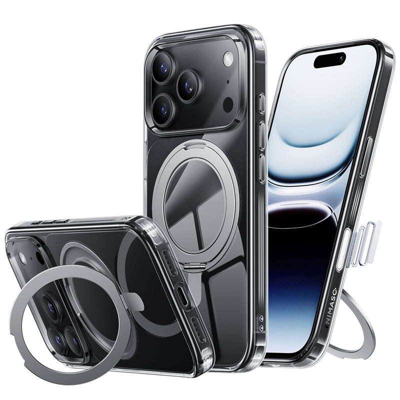 NIMASO 360° 旋转支架保护壳,适用于 iPhone 17/Pro/Pro Max/Air,透明,兼容 MagSafe,防震,防黄变(冰星系列)