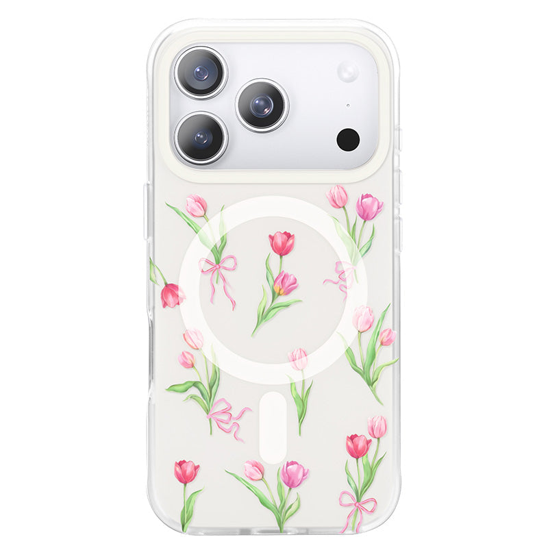 NIMASO iPhone 17/Pro/Pro Max/Air用 ケース MagSafe対応 かわいい おしゃれ 耐衝撃 ストラップホール付き(フローラルシリーズ)チューリップ