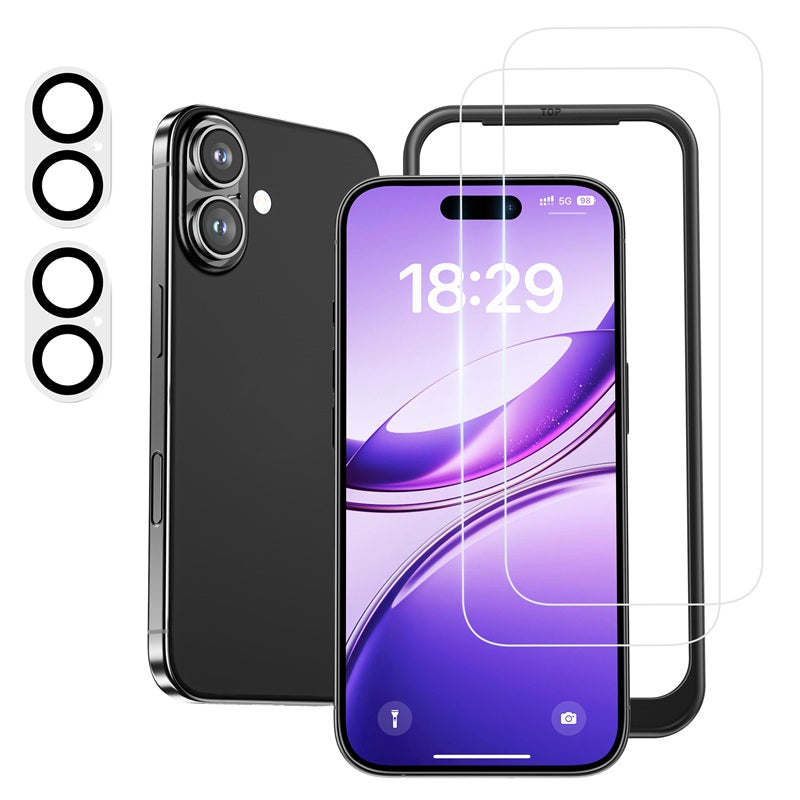 NIMASO iPhone 17/iPhone Air用 ガラスフィルム (2枚) + カメラフィルム (2枚)  硬度9H 耐衝撃 ガイド枠付き