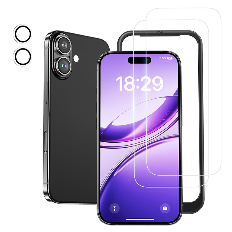 NIMASO iPhone 17/17 Pro/17 Pro Max用 ガラスフィルム (2枚) + カメラフィルム (2枚)  硬度9H 耐衝撃 ガイド枠付き