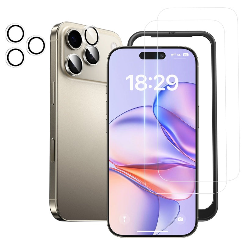 NIMASO iPhone 17/17 Pro/17 Pro Max用 ガラスフィルム (2枚) + カメラフィルム (2枚)  硬度9H 耐衝撃 ガイド枠付き