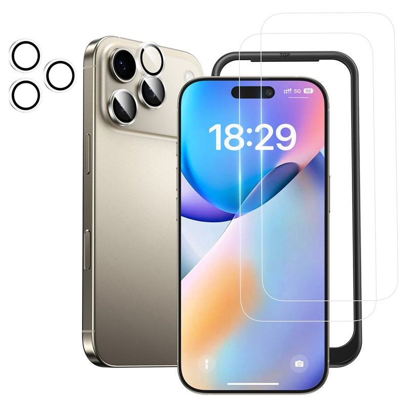 NIMASO iPhone 17/17 Pro/17 Pro Max用 ガラスフィルム (2枚) + カメラフィルム (2枚)  硬度9H 耐衝撃 ガイド枠付き