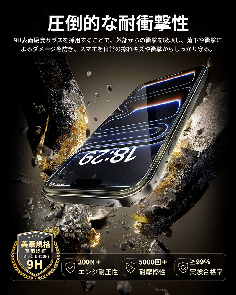 NIMASO iPhone 17/Pro/Pro Max/Air用 【バリ楽Box】 強化ガラスフィルム 全面保護 黒縁あり 自動除塵ガイド枠付き【2枚】