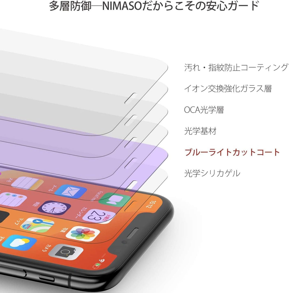 NIMASO iPhone 11/XR用 ブルーライトカット ガラスフィルム ガイド枠付き 2枚入り 黒縁あり 全面保護