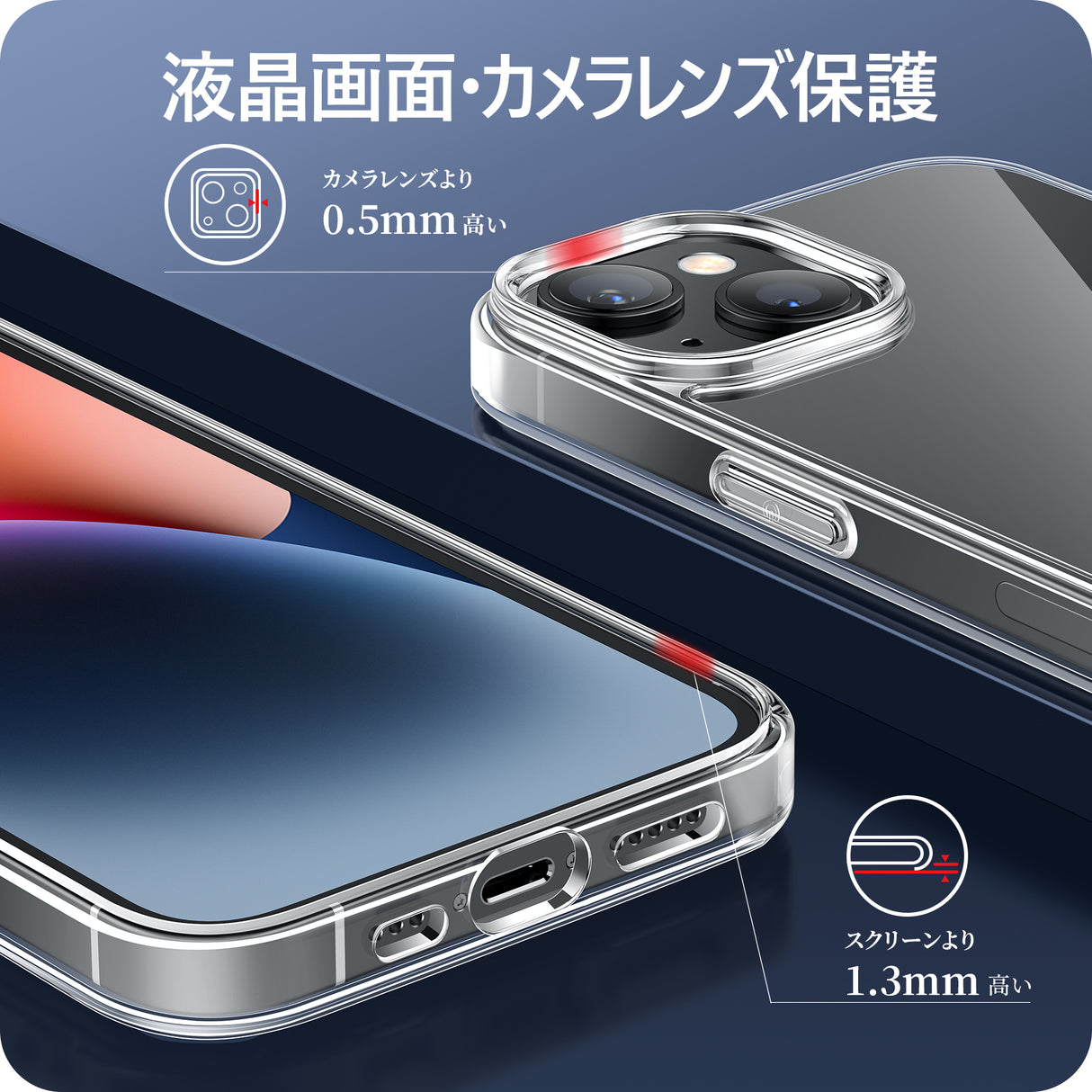 クリアケース iPhone 13/14/14 Pro用 【透明TPU】画面?レンズ保護