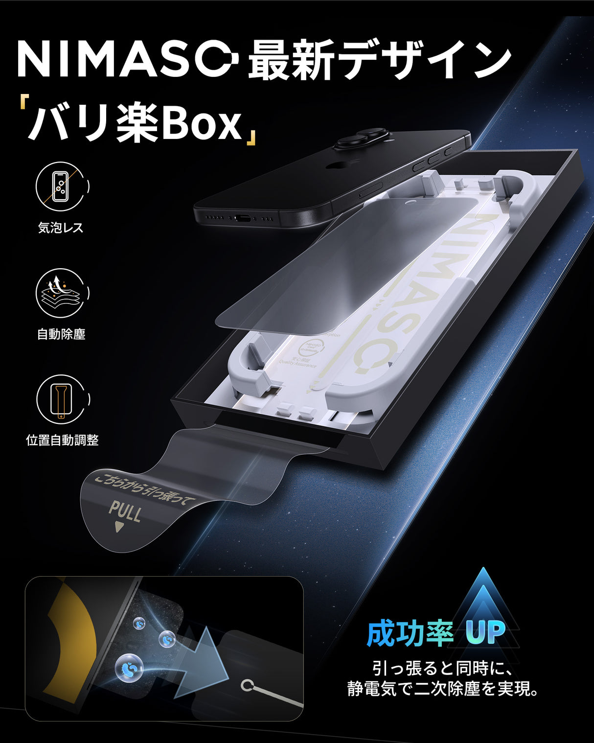 NIMASO iPhone 16用 2in1 アンチグレア+覗き見防止 強化ガラスフィルム 耐衝撃 「バリ楽Box」ガイド枠付き【1枚】
