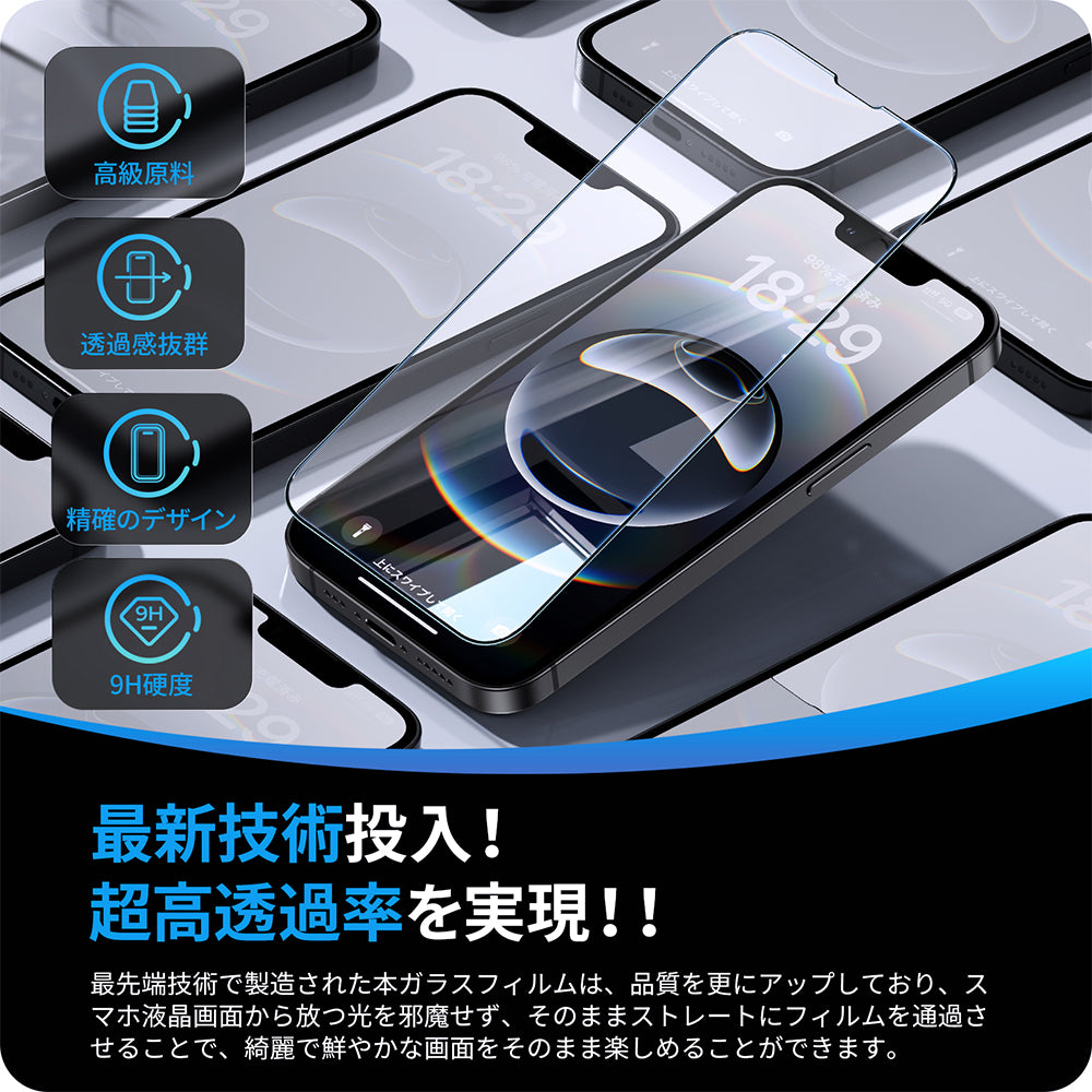 NIMASO iPhone 16e/14/13 Pro/13 強化ガラスフィルム 反射防止ARフィルム 全面保護 黒縁あり「バリ楽Box」ガイド枠付き【1枚】