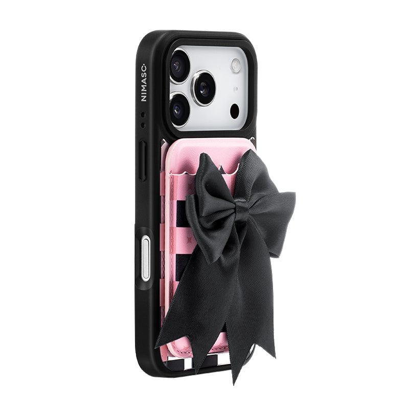 NIMASO MagSafe対応 カードケース チェッカーボード柄 スマホ 黒×ピンク