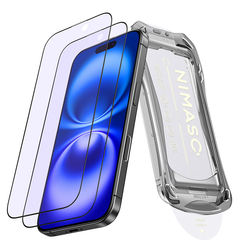 NIMASO iPhone 16/Pro/16 Pro Max 用 ブルーライトカット 強化ガラスフィルム 目の疲れ軽減 黒縁あり 自動除塵ガイド枠【2枚】