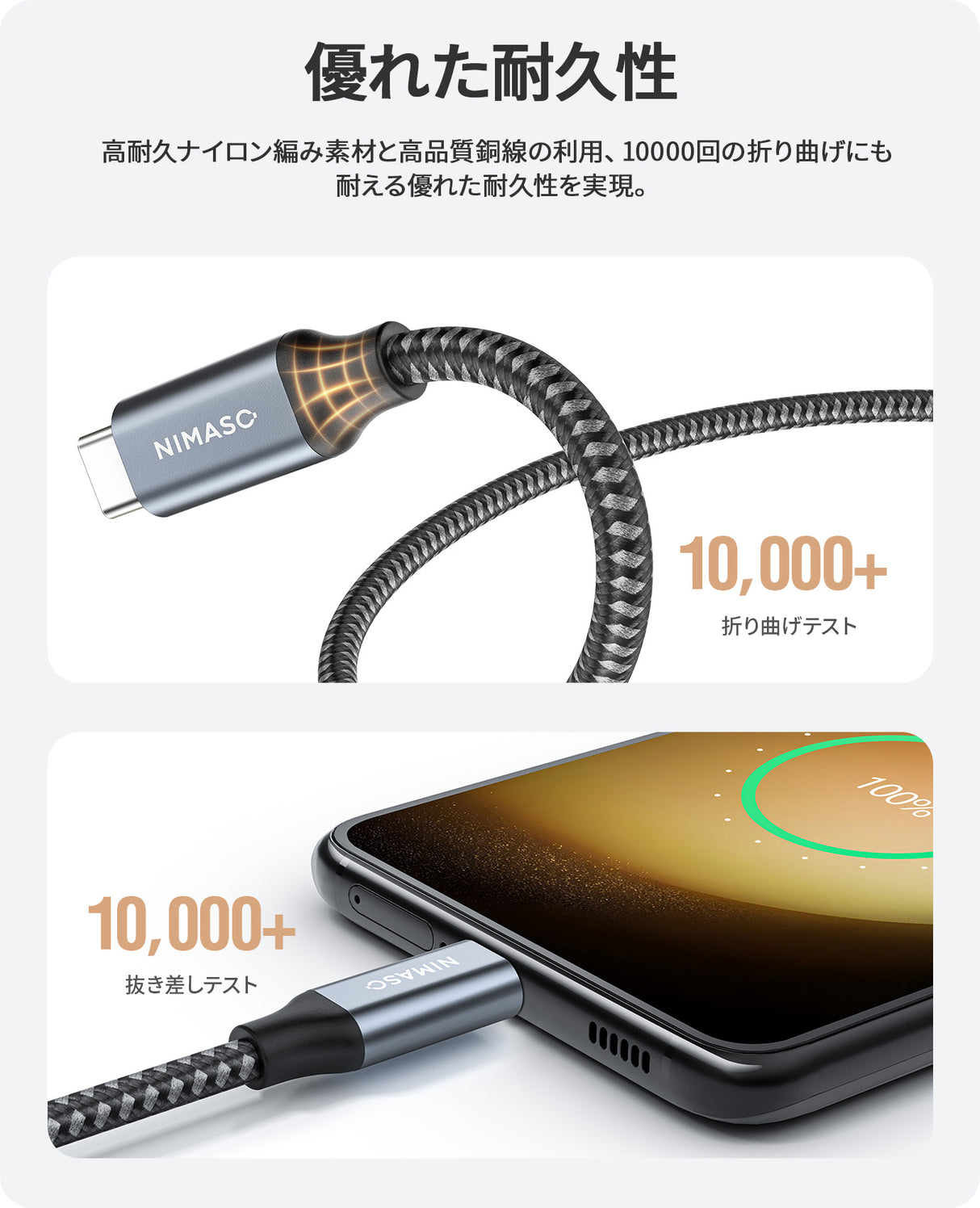 NIMASO USB Type C ケーブル QC3.0対応 3A急速充電 1m/2m