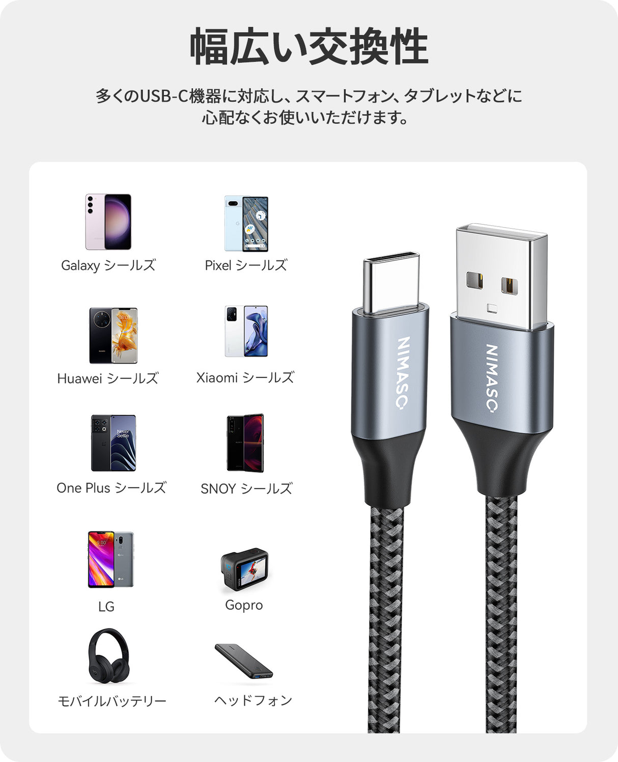 NIMASO USB Type C ケーブル QC3.0対応 3A急速充電 1m/2m