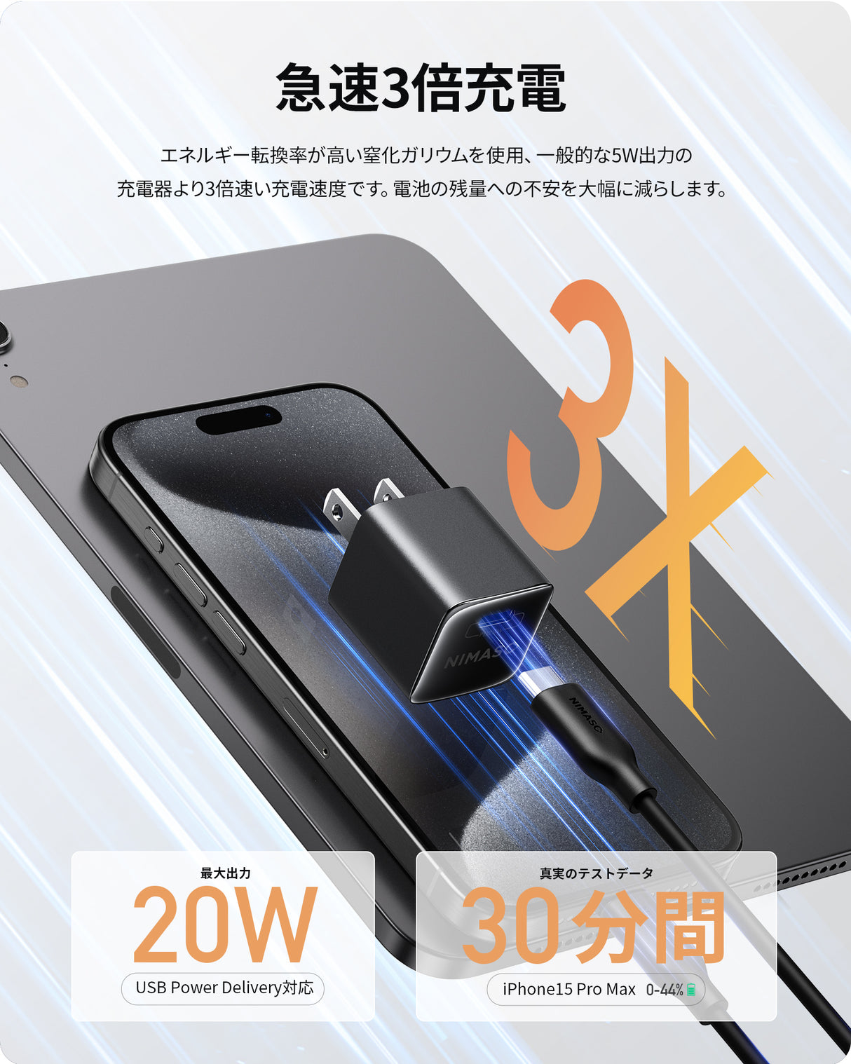NIMASO iphone 16 充電器-(20W) USB-C PD急速充電器 /2m USB-C TO C ケーブル付き【iphone 専用】
