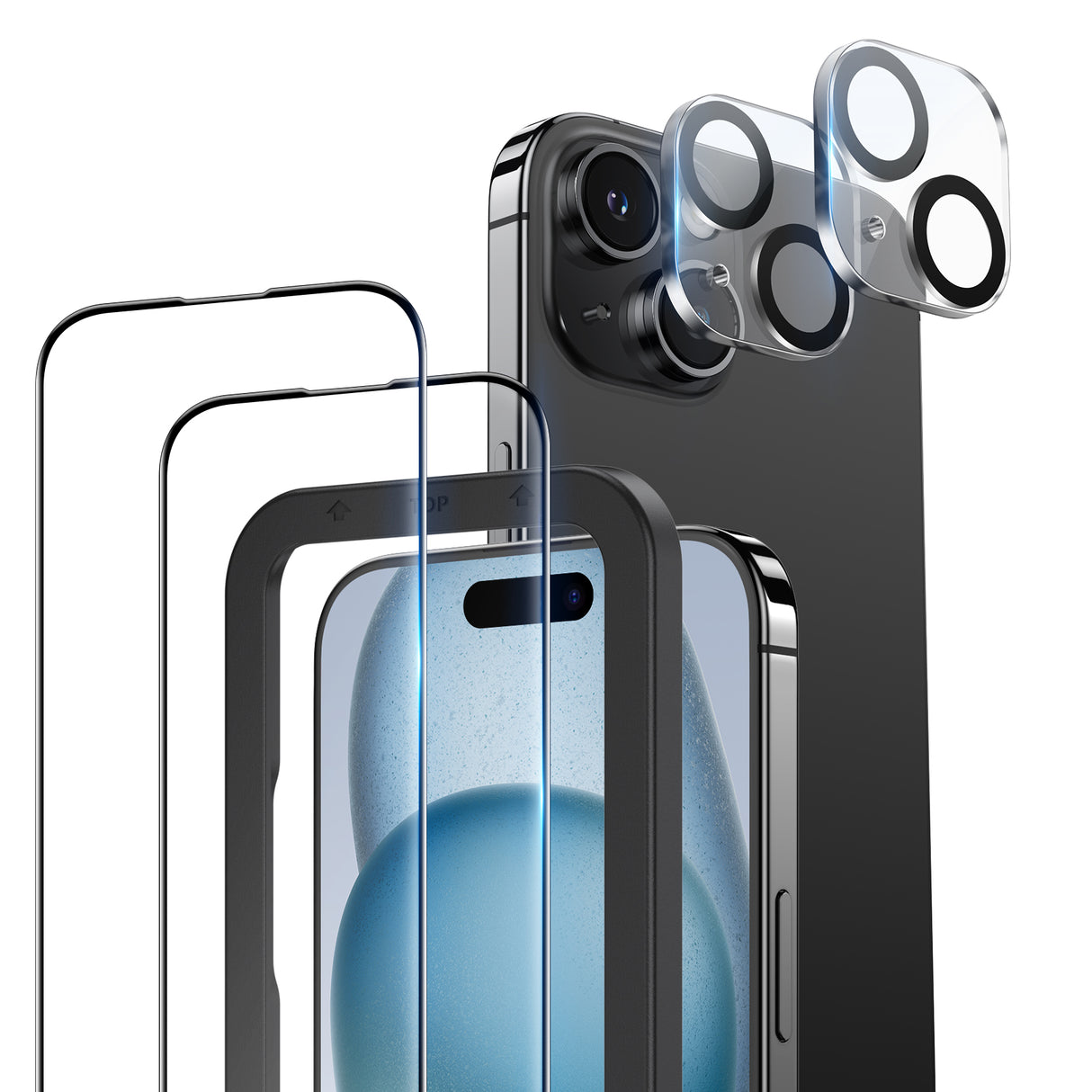NIMASO iPhone 15/Plus/Pro用 ガラスフィルム (2枚) + カメラフィルム (2枚) ガイド枠付き