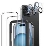 NIMASO iPhone 15/Plus/Pro用 ガラスフィルム (2枚) + カメラフィルム (2枚) ガイド枠付き
