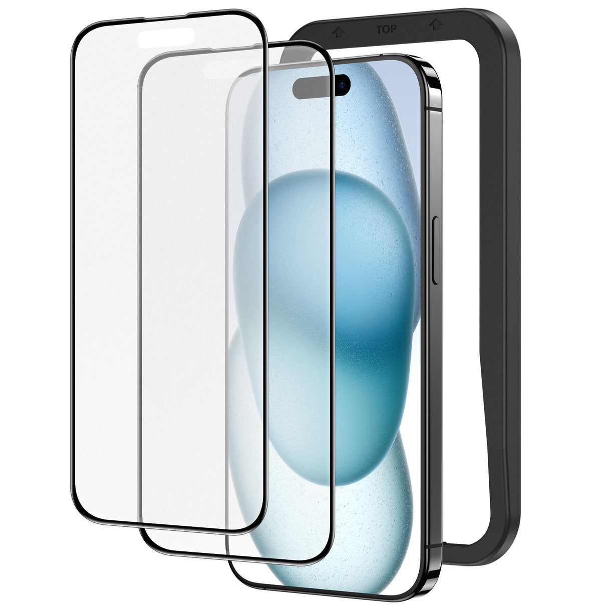 NIMASO iPhone 15/Plus/Pro/Pro Max用 アンチグレア ガラスフィルム 全面保護 黒縁あり ガイド枠付き 2枚セット