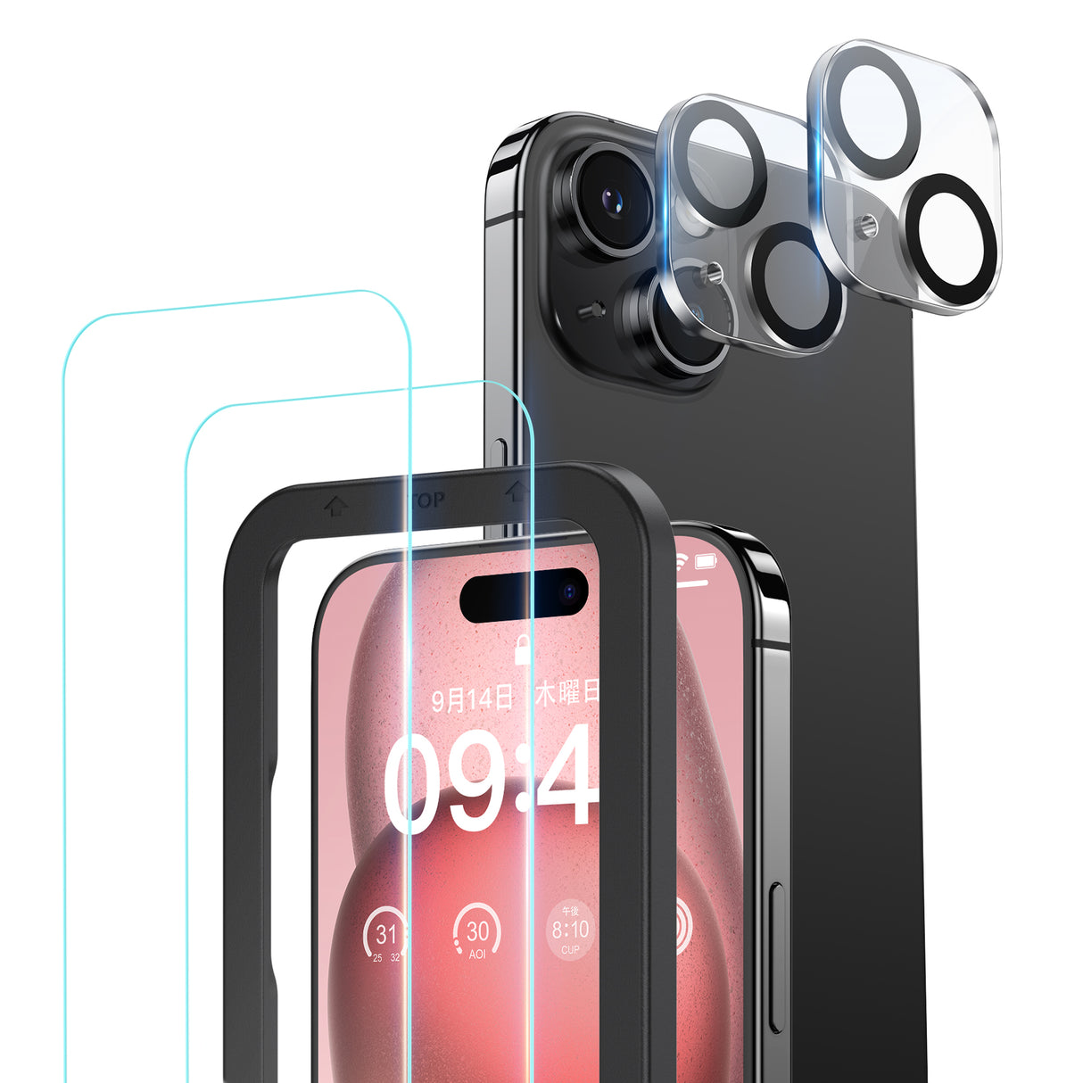 NIMASO iPhone 15/15 Pro Max用 ガラスフィルム (2枚) + カメラフィルム (2枚) ガイド枠付き