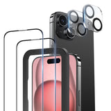 NIMASO iPhone 15/Plus/Pro用 ガラスフィルム (2枚) + カメラフィルム (2枚) ガイド枠付き