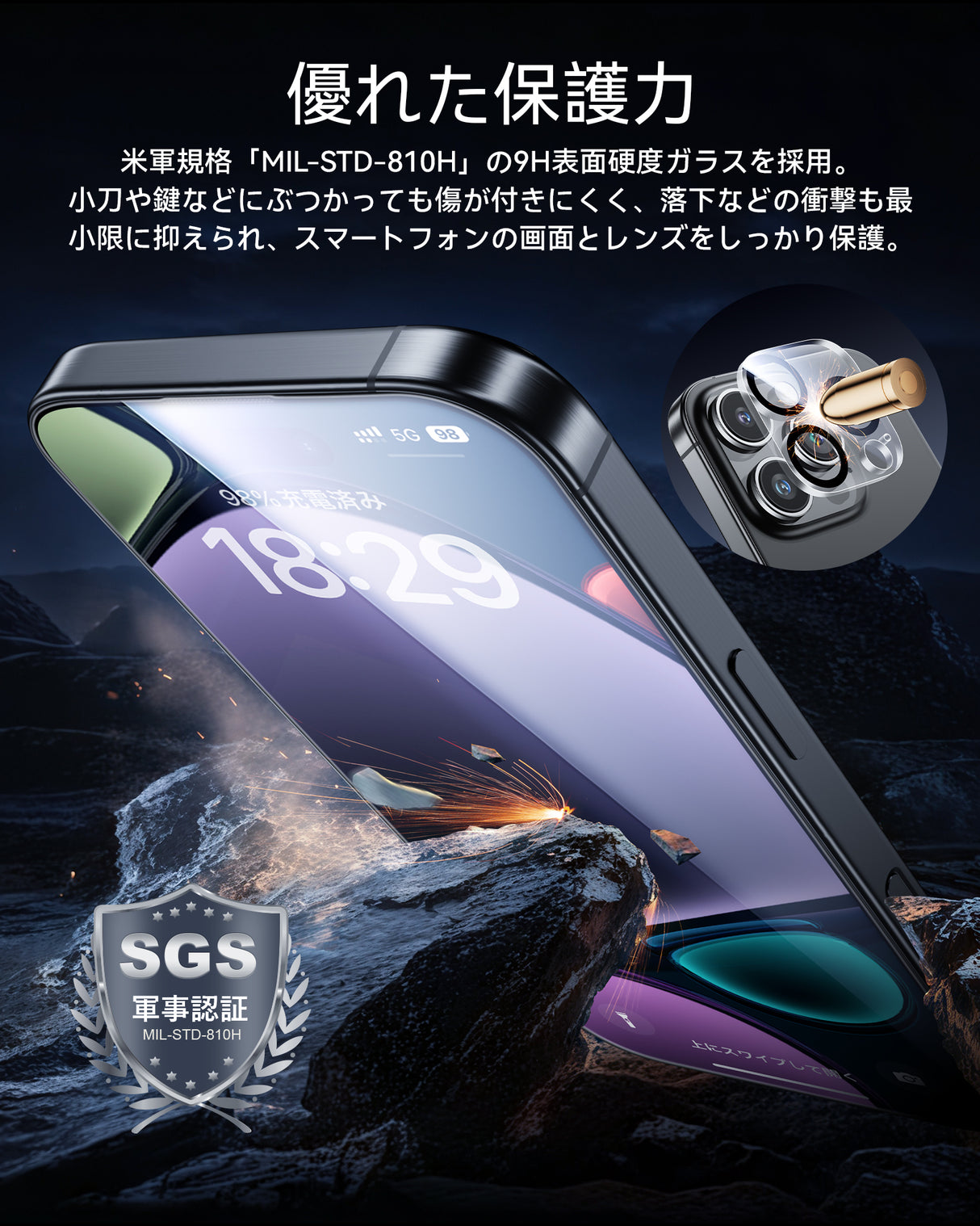 NIMASO iPhone 16 Pro/Pro Max用 強化ガラスフィルム(2枚)+カメラフィルム(2枚) 黒縁あり 自動除塵ガイド枠 硬度9H