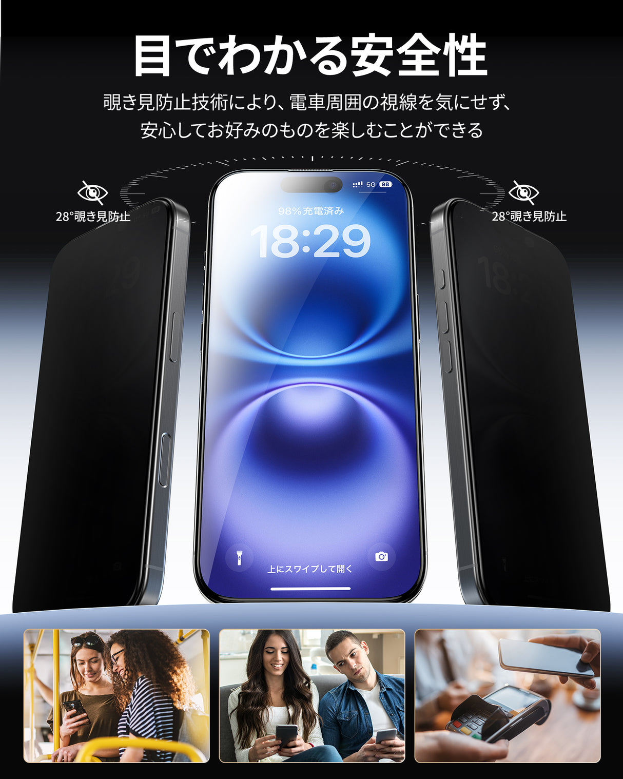 NIMASO  iPhone 16/Plus用 28°覗き見防止 ガラスフィルム ガイド枠付き【2枚】