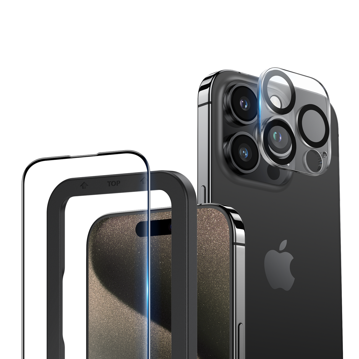 NIMASO iPhone 15/Plus/Pro/Pro Max用 ガラスフィルム + カメラフィルム (2枚/1枚セット) ガイド枠付き 黒縁あり 全面保護