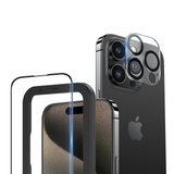 NIMASO iPhone 15/Plus/Pro/Pro Max用 ガラスフィルム + カメラフィルム (2枚/1枚セット) ガイド枠付き 黒縁あり 全面保護