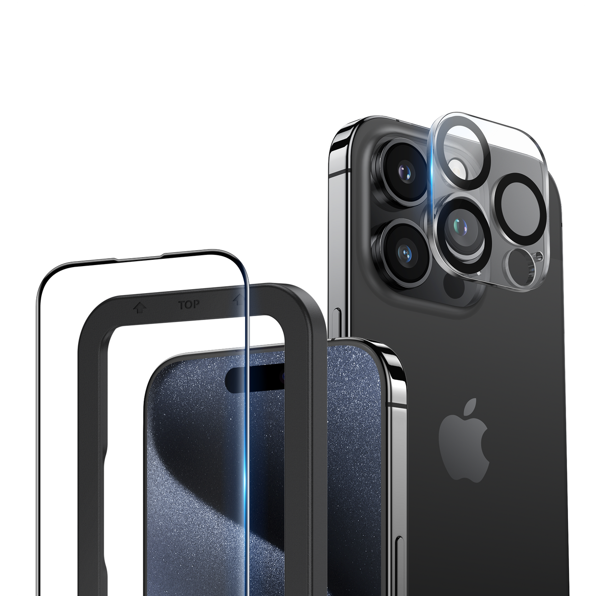 NIMASO iPhone 15/Plus/Pro/Pro Max用 ガラスフィルム + カメラフィルム (2枚/1枚セット) ガイド枠付き 黒縁あり 全面保護