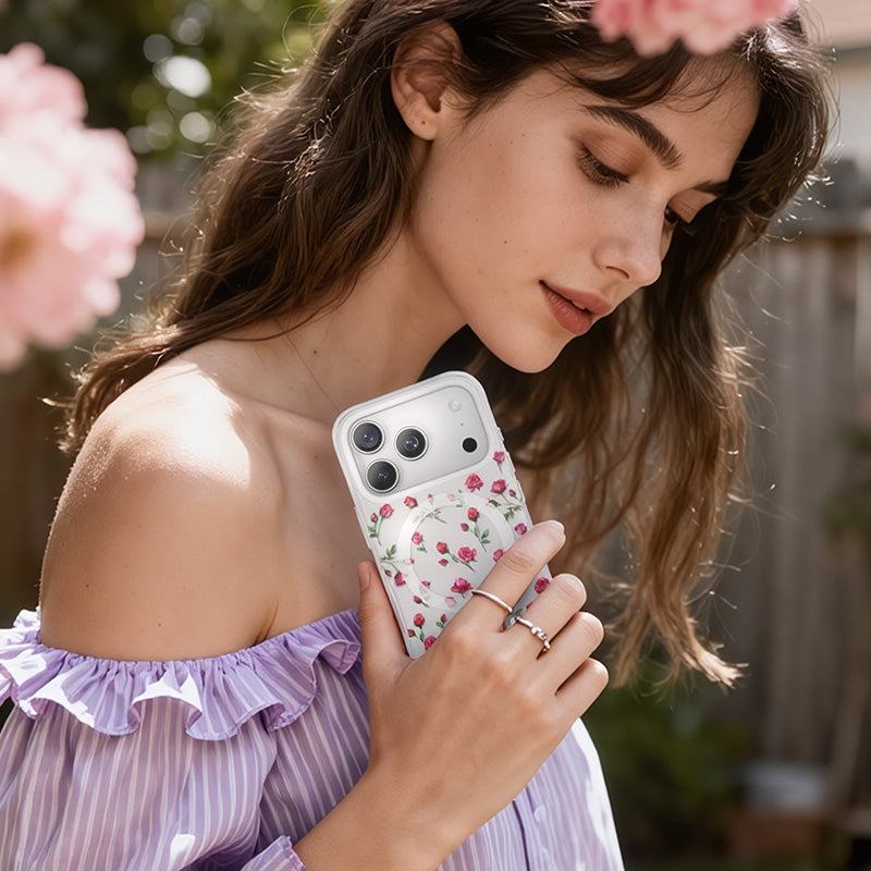 NIMASO iPhone 17/Pro/Pro Max/Air用 ケース MagSafe対応 かわいい おしゃれ スマホケース （フローラルシリーズ）赤いバラ