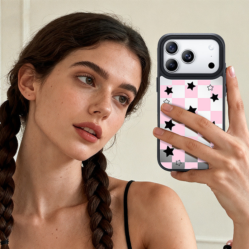 NIMASO iPhone 17/Pro/Pro Max用 ケース MagSafe対応 可愛い ミラー おしゃれ 耐衝撃 ワイヤレス充電対応（ファンシーシリーズ）チェッカー柄 ピンク