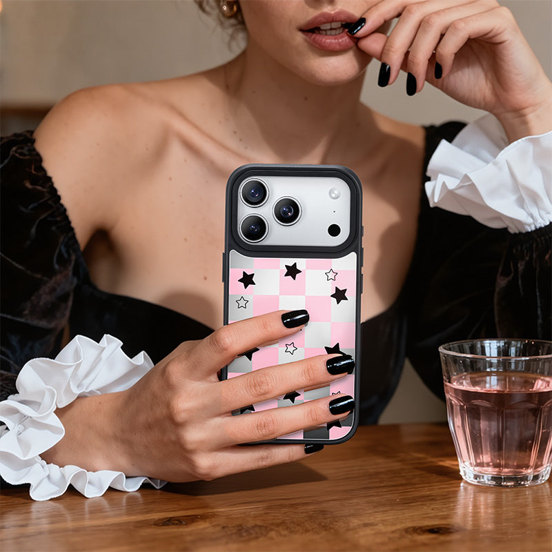 NIMASO iPhone 17/Pro/Pro Max用 ケース MagSafe対応 可愛い ミラー おしゃれ 耐衝撃 ワイヤレス充電対応（ファンシーシリーズ）チェッカー柄 ピンク