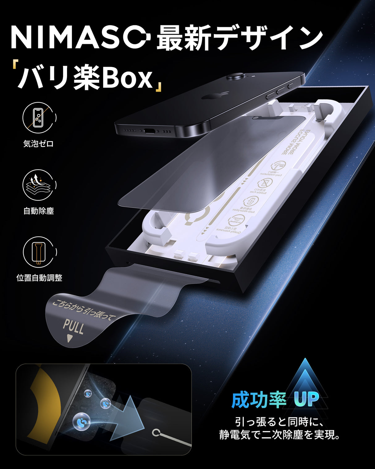 NIMASO iPhone 16e/14/13 Pro/13 2in1 アンチグレア+覗き見防止 強化ガラスフィルム 「バリ楽Box」ガイド枠付き【1枚】