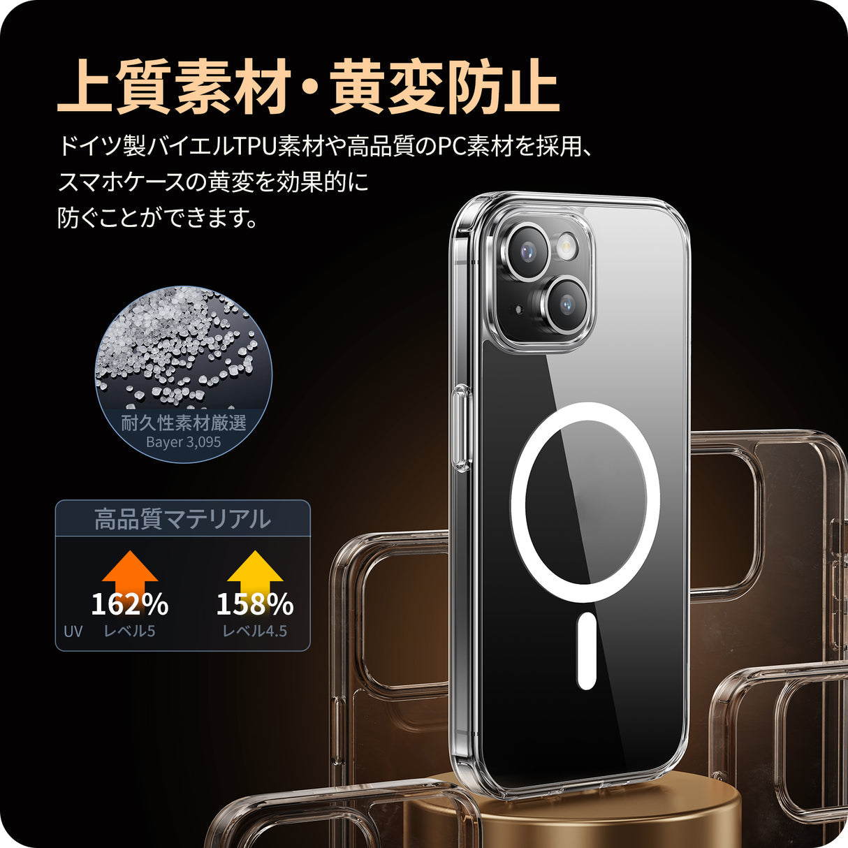 iPhone 15 Pro/Pro Max MagSafe対応 スマホケース 黄変防止レベルは4.5級