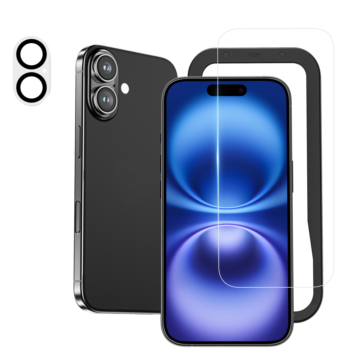 NIMASO iPhone 16/Pro Max/Plus用 強化ガラスフィルム+カメラフィルム(1/2枚セット) ガイド枠付き 硬度9H