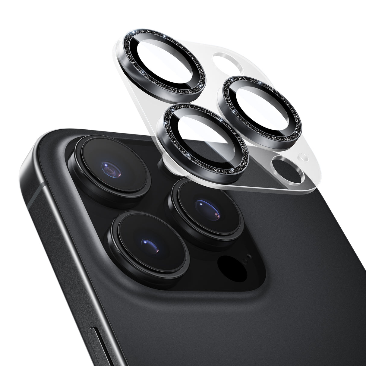 NIMASO カメラフィルム iPhone 16/Plus/Pro/Pro Max 対応 アクリル＋キラキラ 全面保護 黒縁取り 9H強化ガラス 耐衝撃 1枚セット