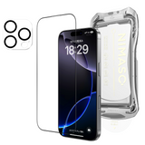 NIMASO iPhone 16 Pro/Pro Max/Plus用 強化ガラスフィルム+カメラフィルム【1枚/2枚セット】 黒縁あり 自動除塵ガイド枠 硬度9H