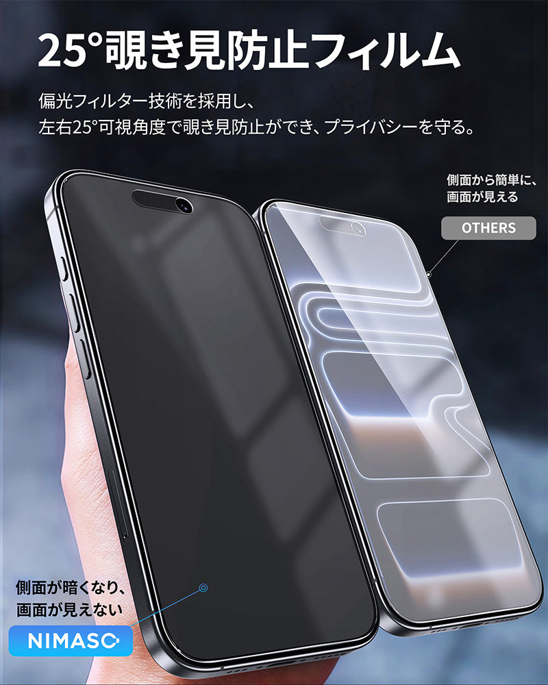 NIMASO  iPhone 17/Pro/Pro Max/Air用 2in1 アンチグレア+覗き見防止 強化ガラスフィルム 耐衝撃 ガイド枠付き 【1枚】