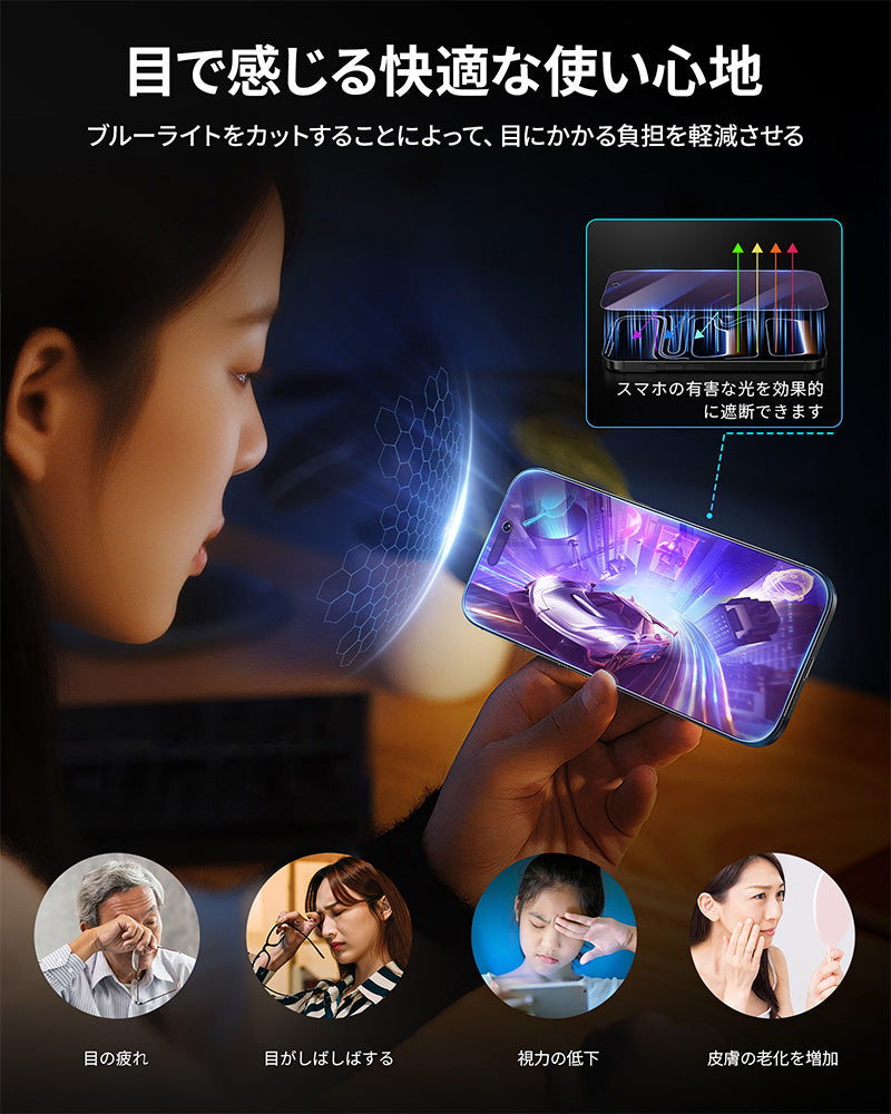 NIMASO iPhone 17/Pro/Pro Max/Air用 ブルーライトカット 強化ガラスフィルム 目の疲れ軽減 自動除塵ガイド枠 【2枚】