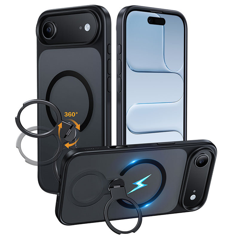 NIMASO iPhone 17/Pro/Pro Max/Air用 360°回転スタンドケース MagSafe対応 半透明 耐衝撃 スマホケース（黒羽シリーズ）