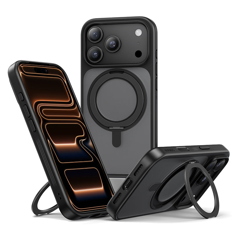 NIMASO iPhone 17/Pro/Pro Max/Air用 360°回転スタンドケース MagSafe対応 マット 防指紋 耐衝撃 （黒羽シリーズ）