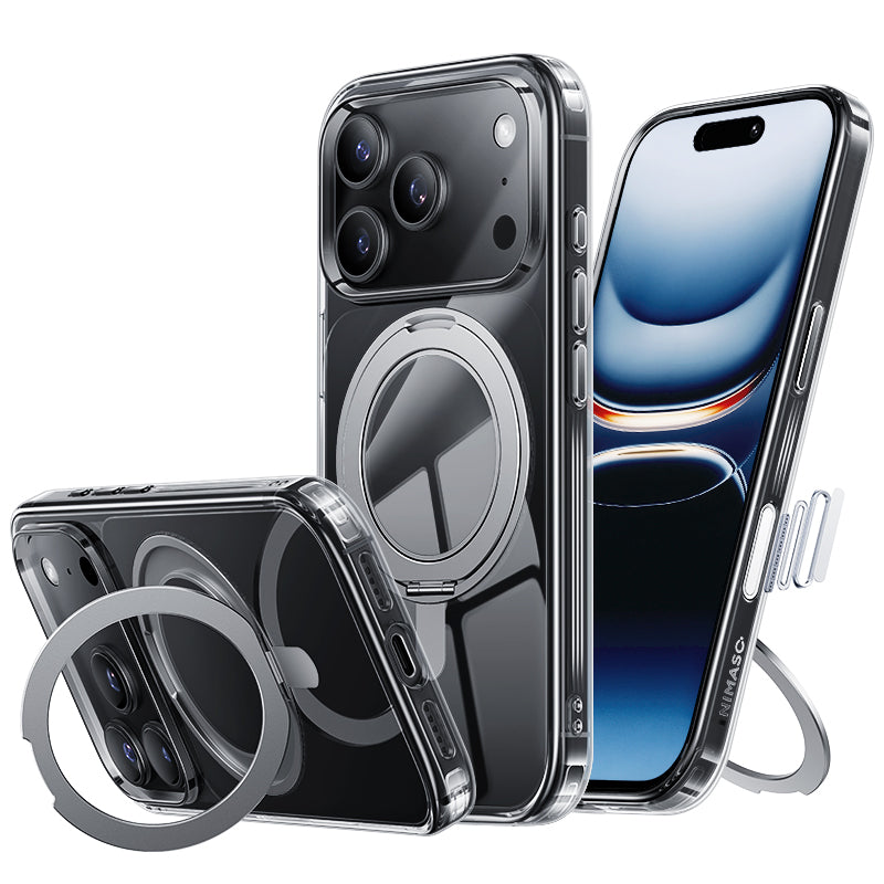 NIMASO 360° 旋转支架保护壳，适用于 iPhone 17/Pro/Pro Max/Air，透明，兼容 MagSafe，防震，防黄变（冰星系列） 