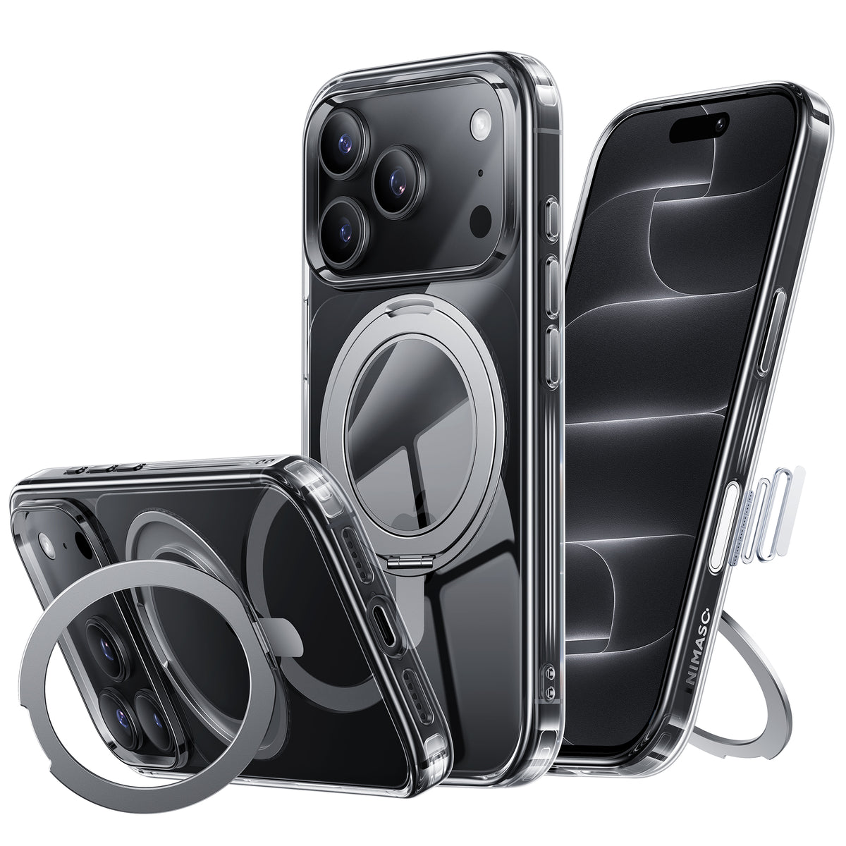 NIMASO 360° Rotating Stand Case for iPhone 17/Pro/Pro Max/Air, Clear, MagSafe Compatible, Shockproof, and Anti-Yellowing (Ice Star Series) 
