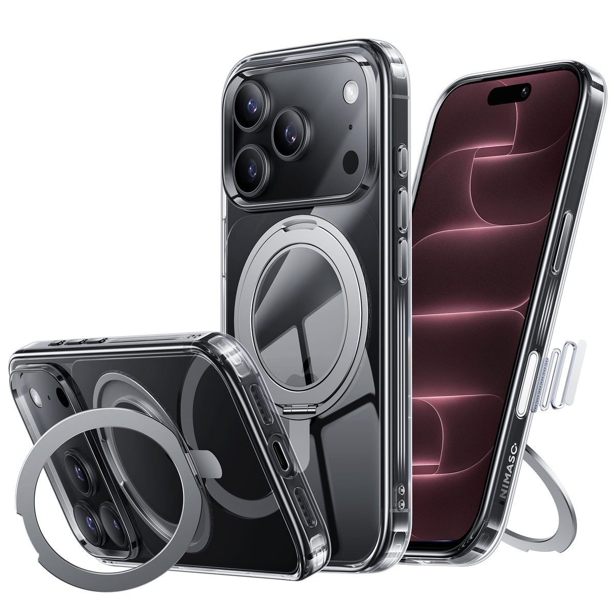 NIMASO 360° Rotating Stand Case for iPhone 17/Pro/Pro Max/Air, Clear, MagSafe Compatible, Shockproof, and Anti-Yellowing (Ice Star Series) 