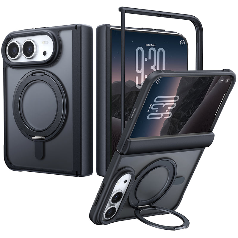 【予約販売】【黒羽シリーズ】360°回転スタンドケース MagSafe対応 iPhone Duo用 半透明マット 指紋防止 360°回転リング 耐衝撃 折りたたみケース
